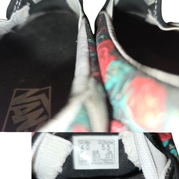 Vans Slip-0n Rose Skulls Black Red White Sneaker Size 4 Men's 5.5 Womens - Picture 3 of 6